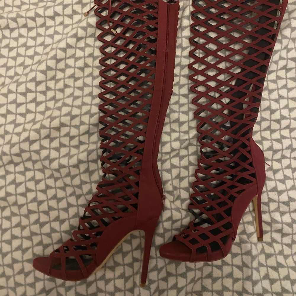 Thigh high red cutout boots